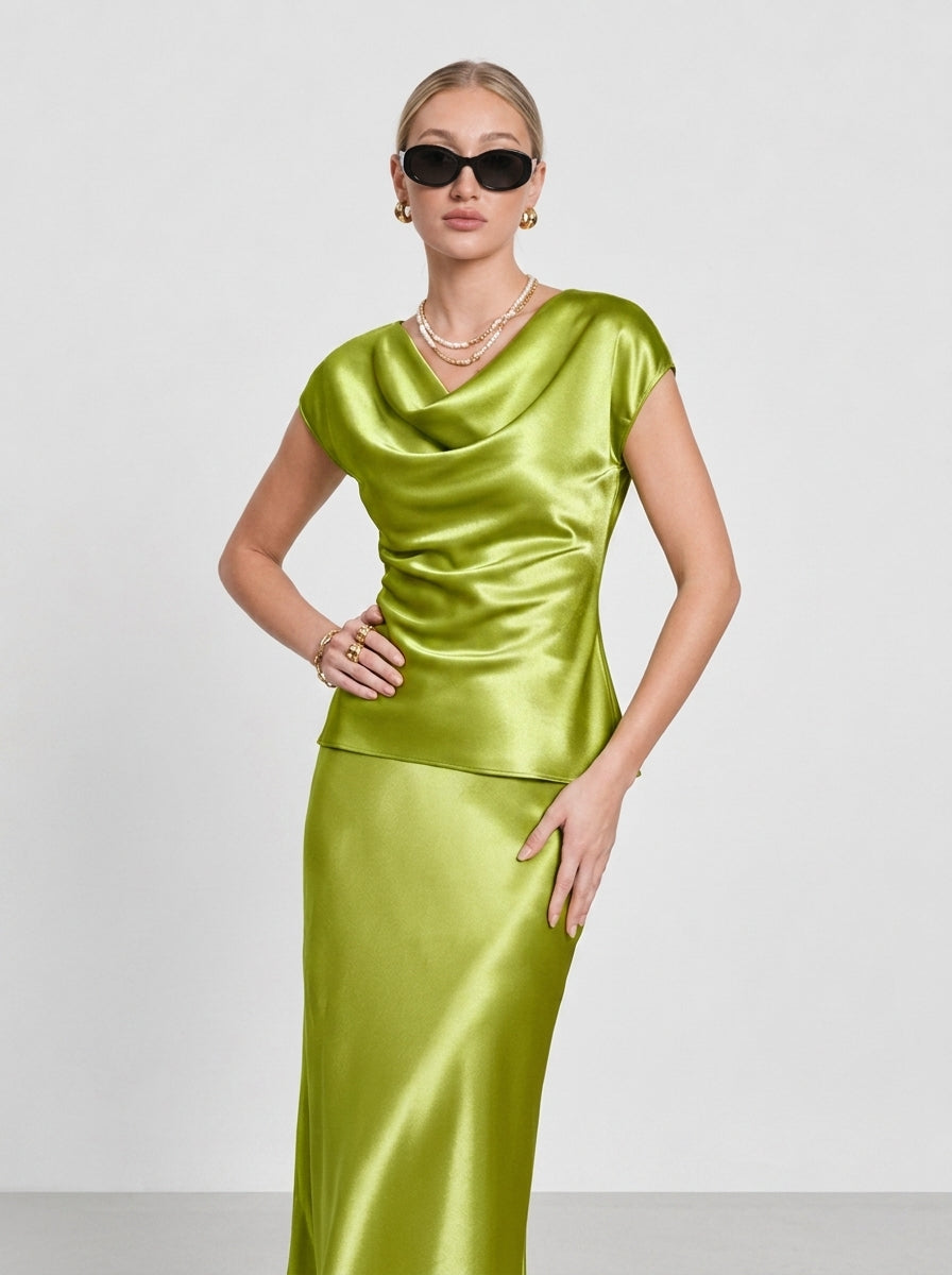 High-End Elegant Acetate Satin Cowl Neck Top