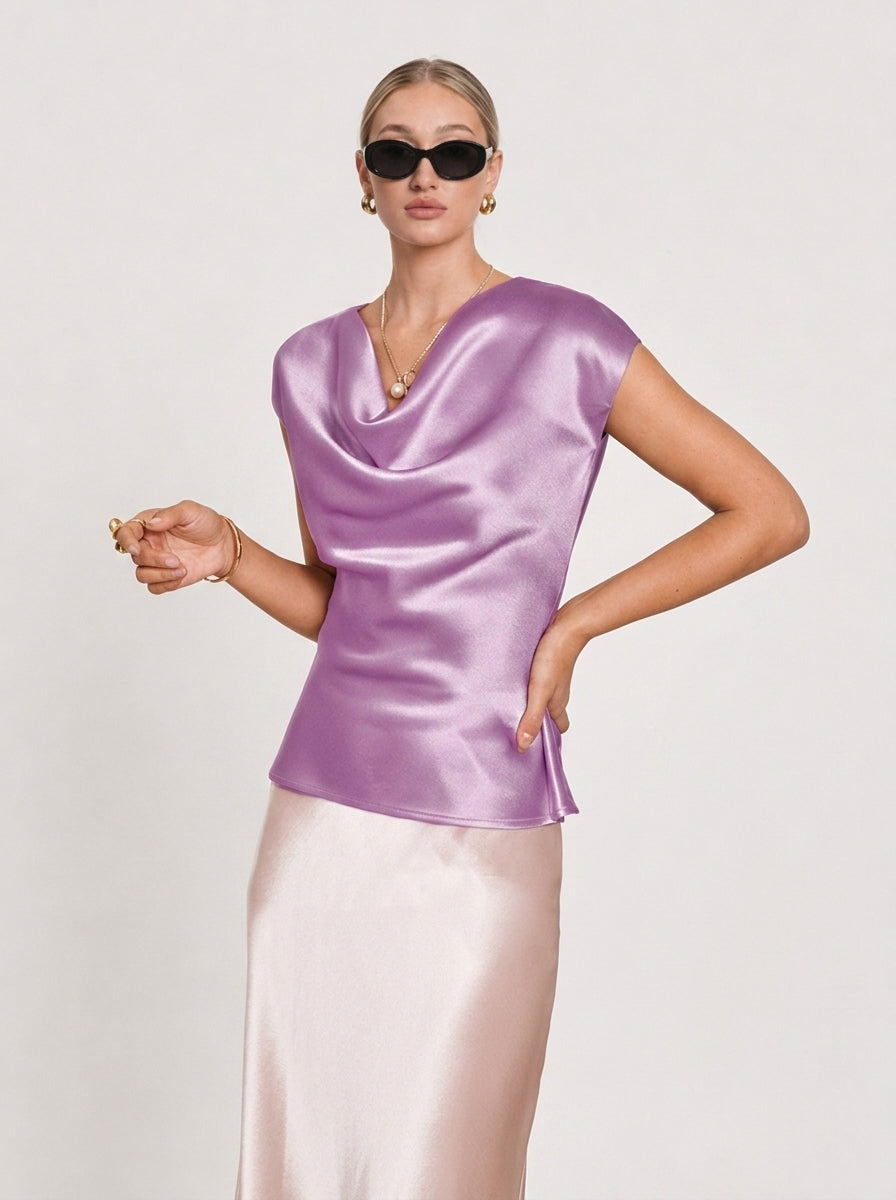 High-End Elegant Acetate Satin Cowl Neck Top