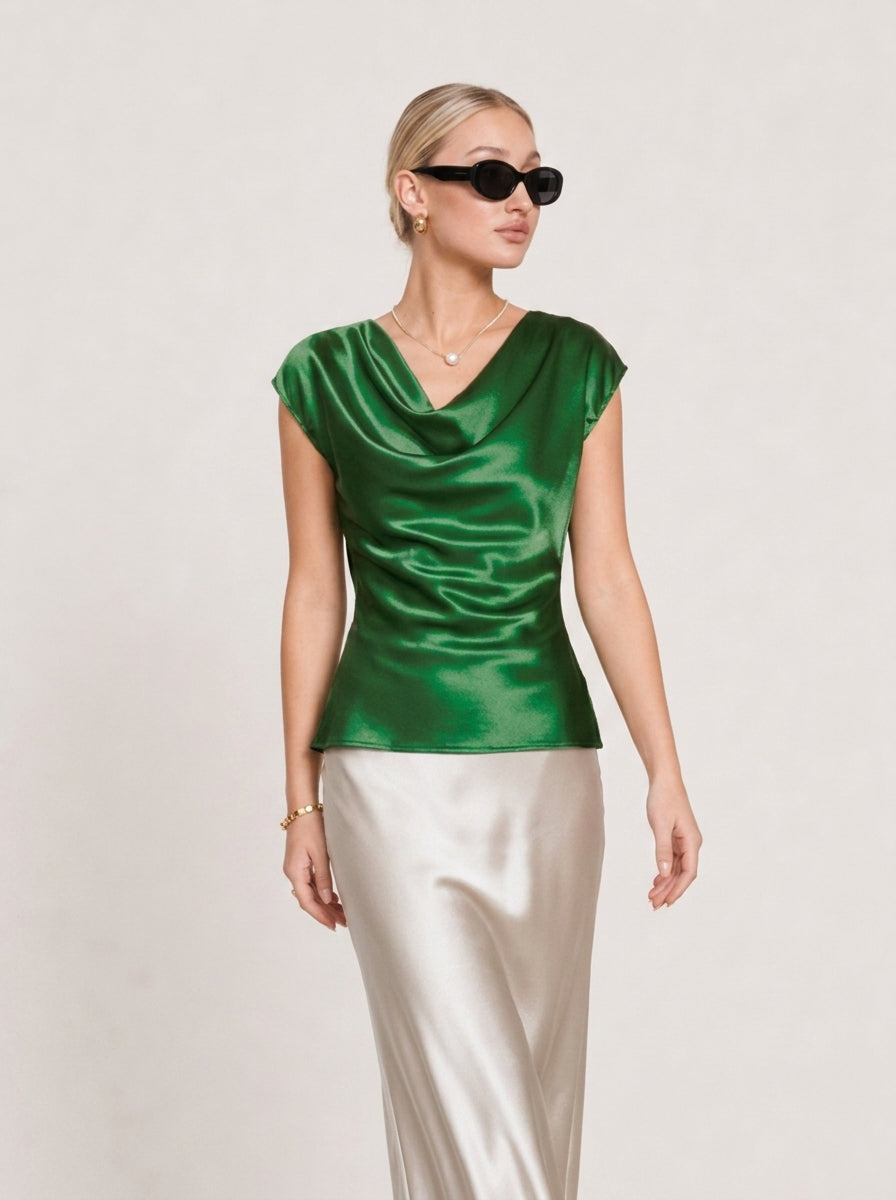 High-End Elegant Acetate Satin Cowl Neck Top