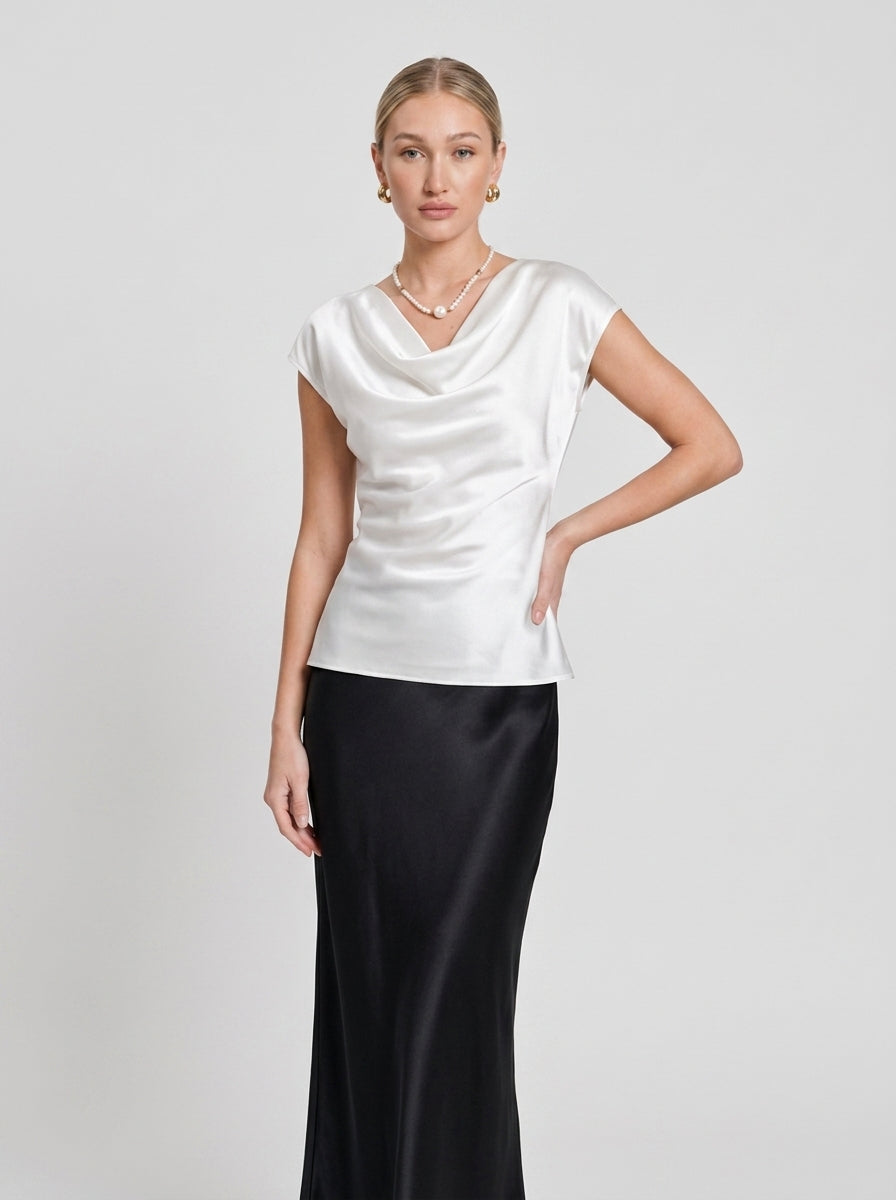 High-End Elegant Acetate Satin Cowl Neck Top