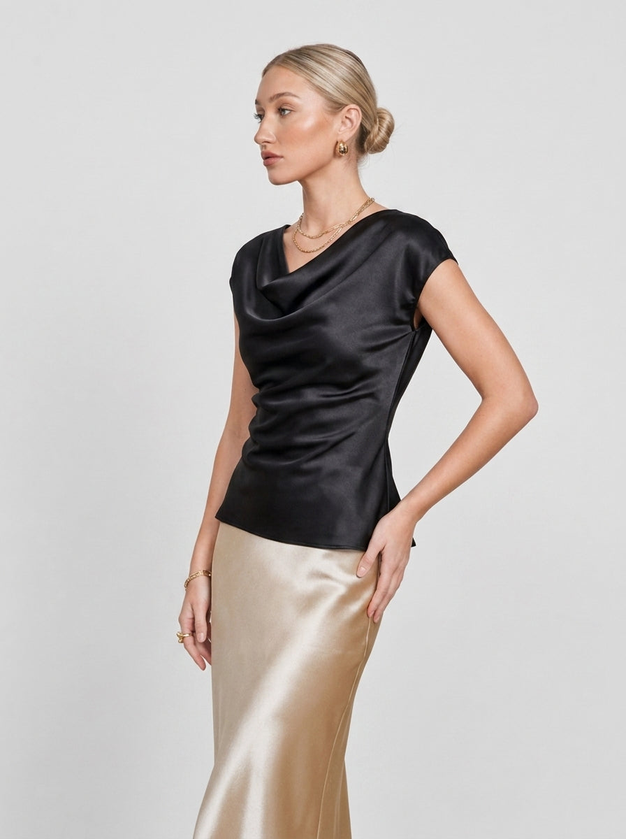 High-End Elegant Acetate Satin Cowl Neck Top