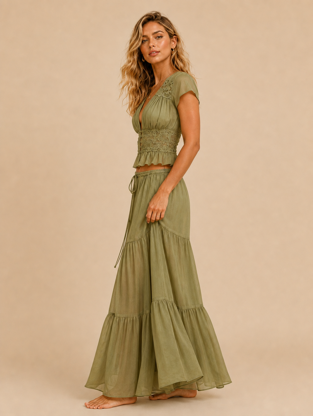 V Neck Ruffle Crop Top & Tiered Maxi Skirt