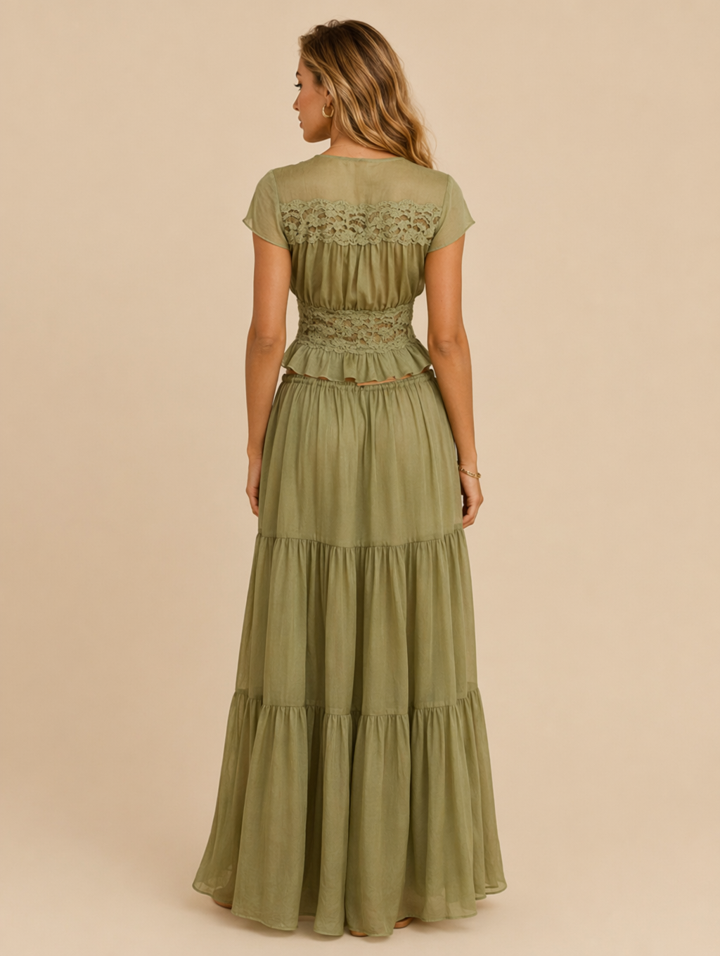 V Neck Ruffle Crop Top & Tiered Maxi Skirt