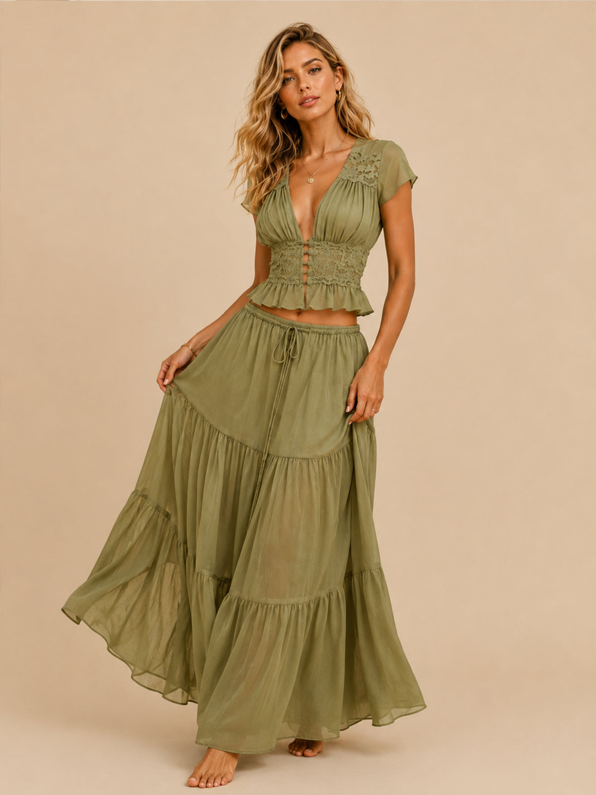 V Neck Ruffle Crop Top & Tiered Maxi Skirt