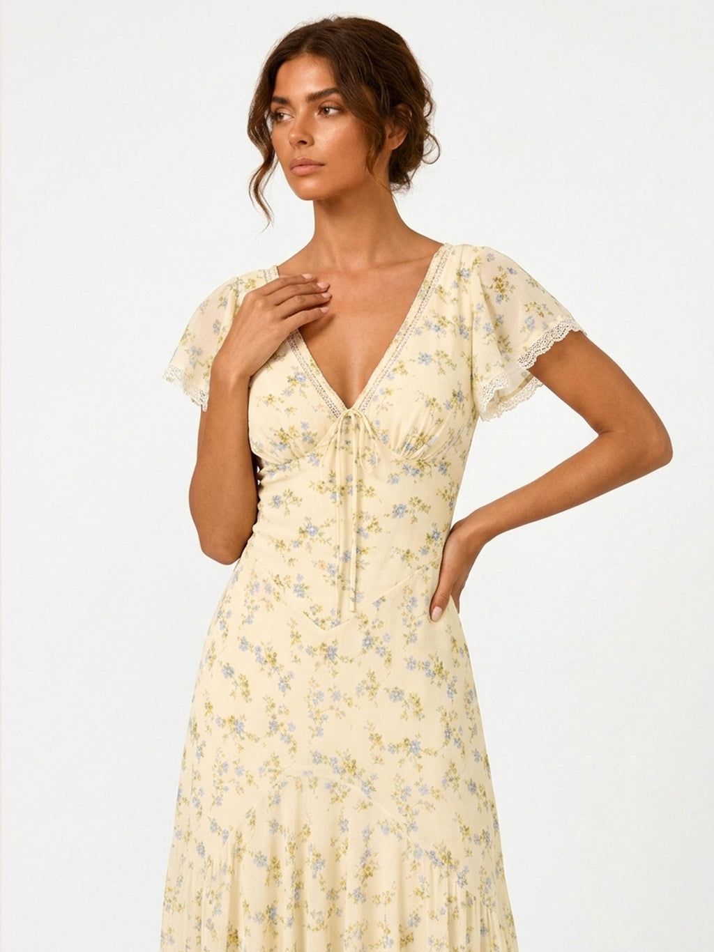 Zephrina Yellow Floral V Neck Flutter Sleeve Maxi Dress