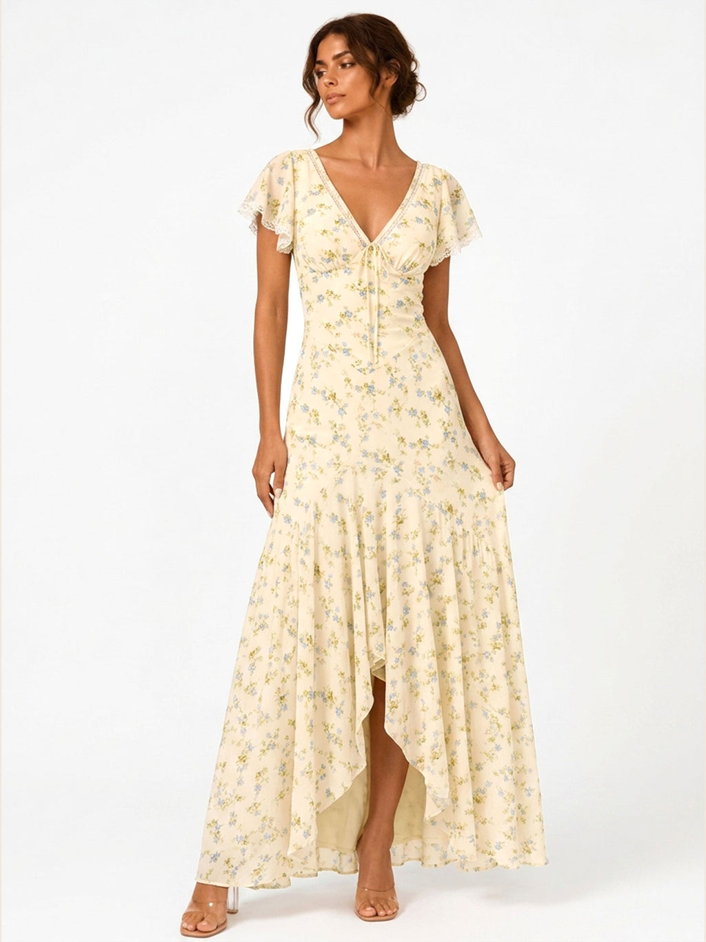 Zephrina Yellow Floral V Neck Flutter Sleeve Maxi Dress