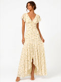 Zephrina Yellow Floral V Neck Flutter Sleeve Maxi Dress