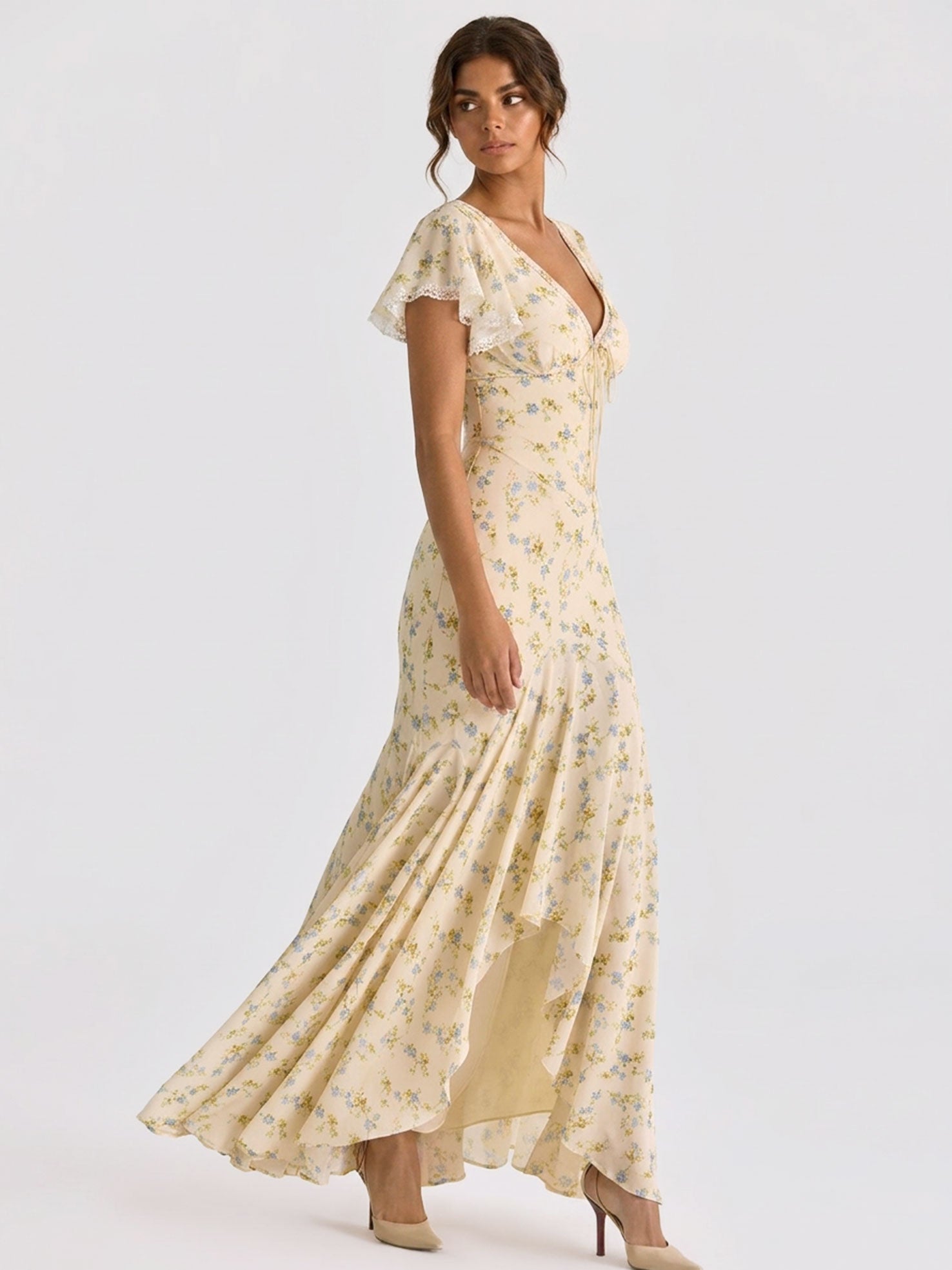 Zephrina Yellow Floral V Neck Flutter Sleeve Maxi Dress