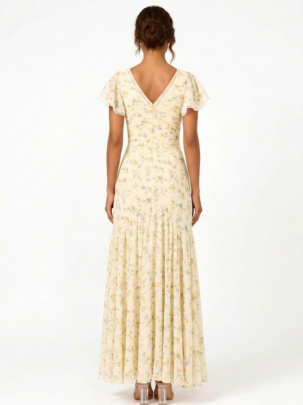 Zephrina Yellow Floral V Neck Flutter Sleeve Maxi Dress