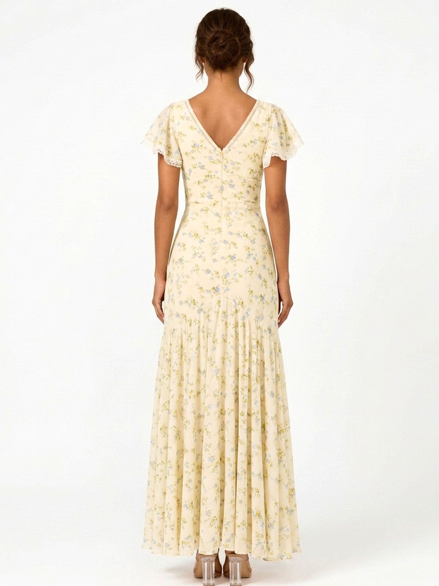 Zephrina Yellow Floral V Neck Flutter Sleeve Maxi Dress