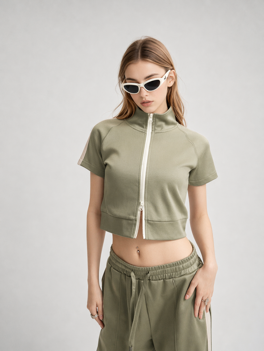 Cropped Zip-Up Mock Neck Short Sleeve Jacket