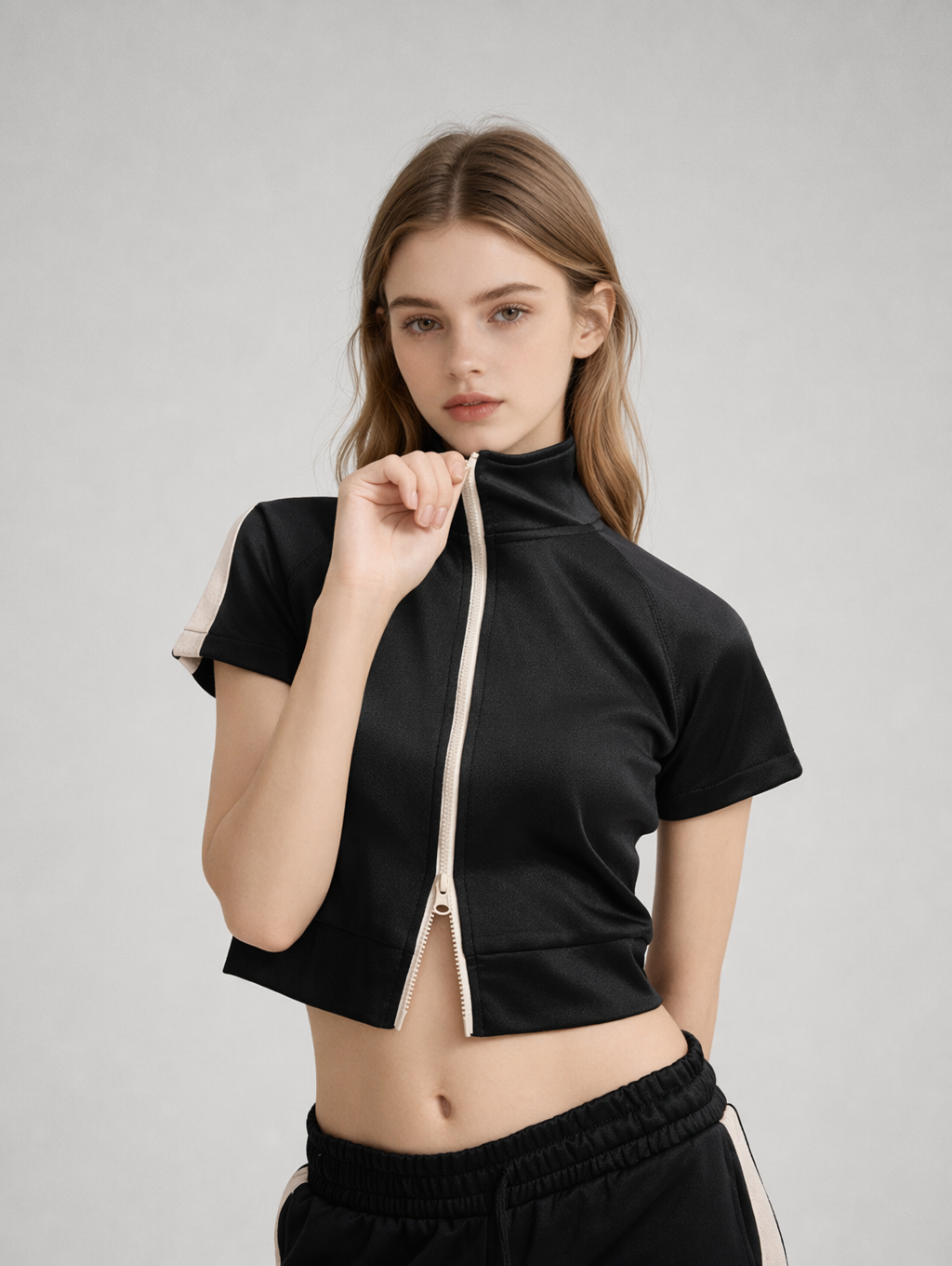 Cropped Zip-Up Mock Neck Short Sleeve Jacket