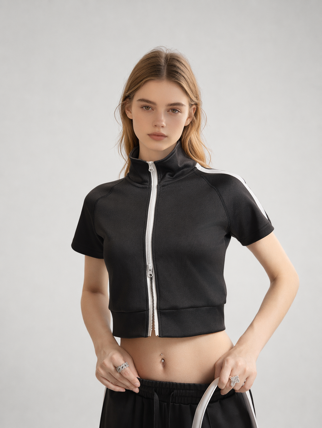 Cropped Zip-Up Mock Neck Short Sleeve Jacket