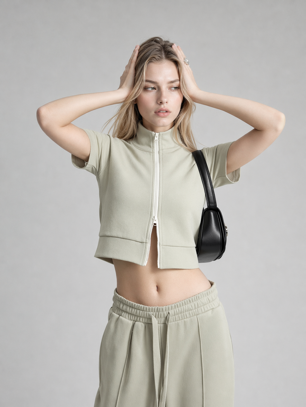 Cropped Zip-Up Mock Neck Short Sleeve Jacket