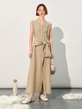 Sleeveless V-Neck Mulberry Silk Midi Dress