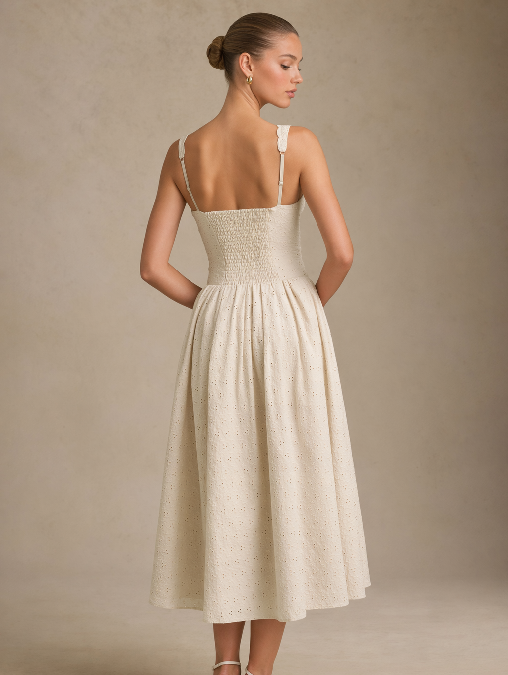 Scallop-Trim Eyelet Corset Midi Dress