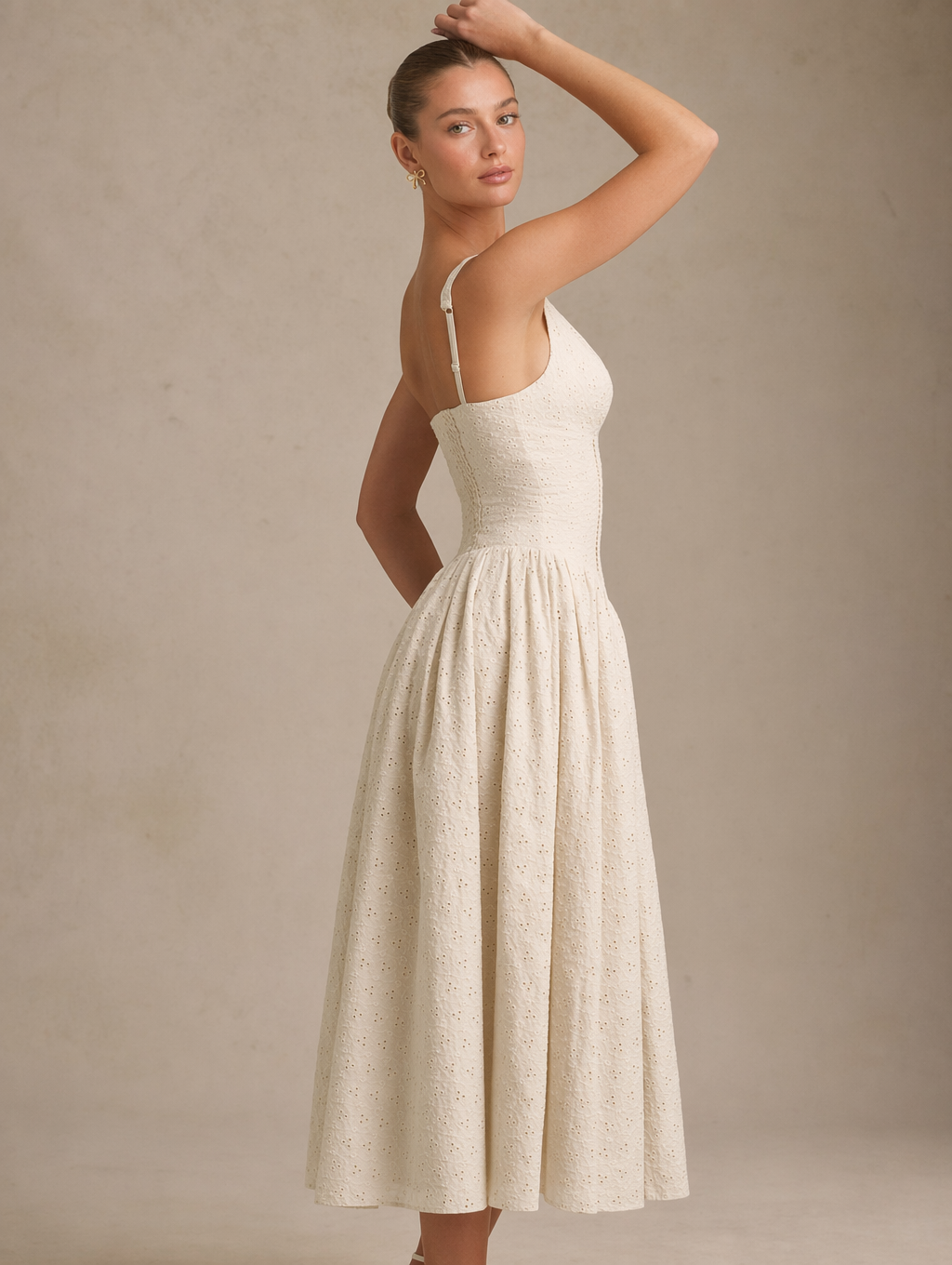 Scallop-Trim Eyelet Corset Midi Dress