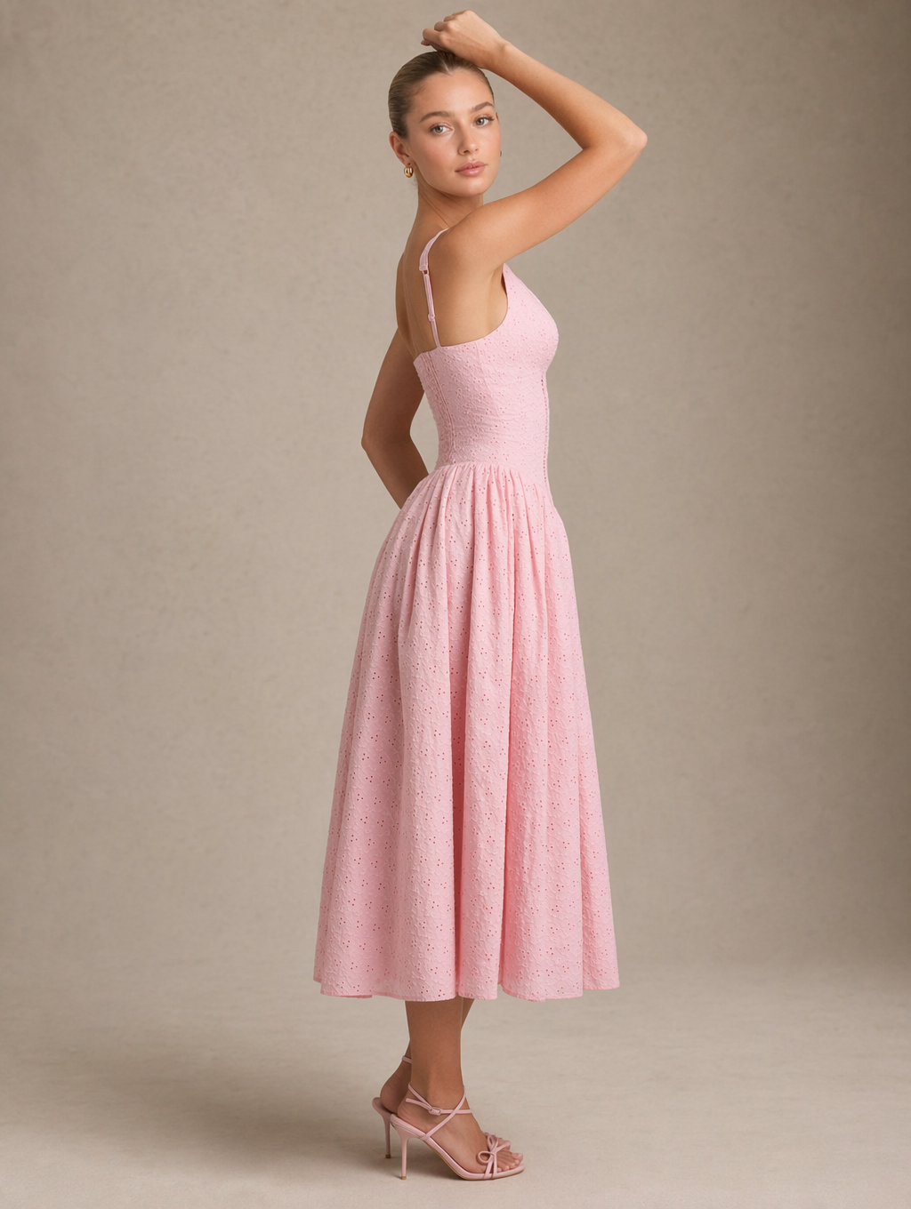 Scallop-Trim Eyelet Corset Midi Dress