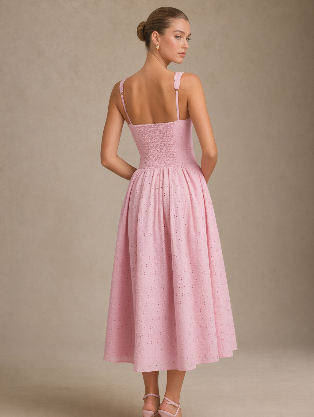 Scallop-Trim Eyelet Corset Midi Dress