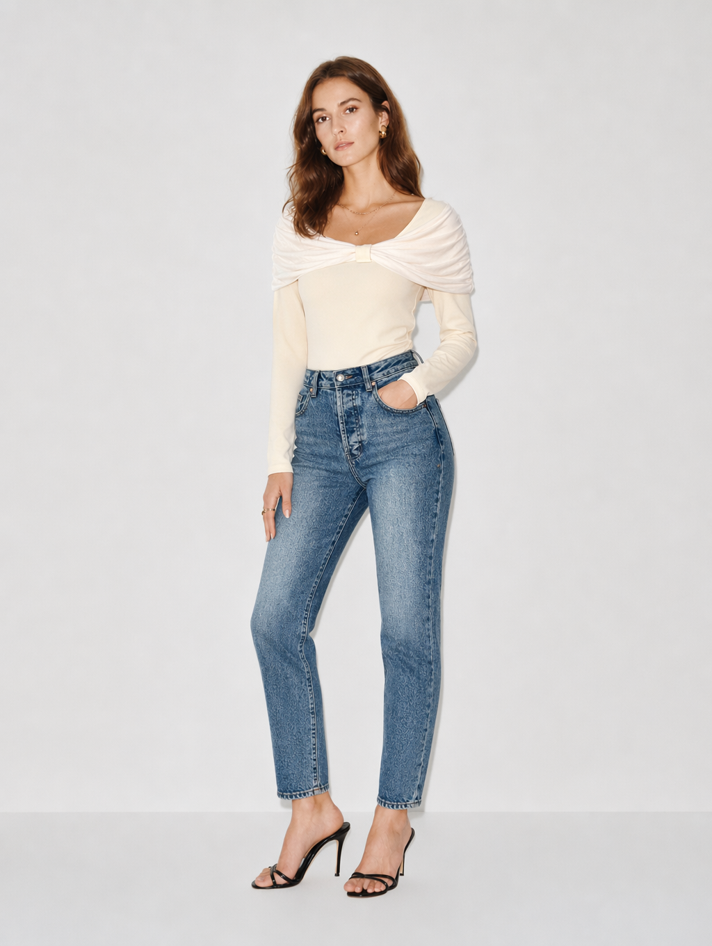 Cream Shawl Collar Long-Sleeve Top