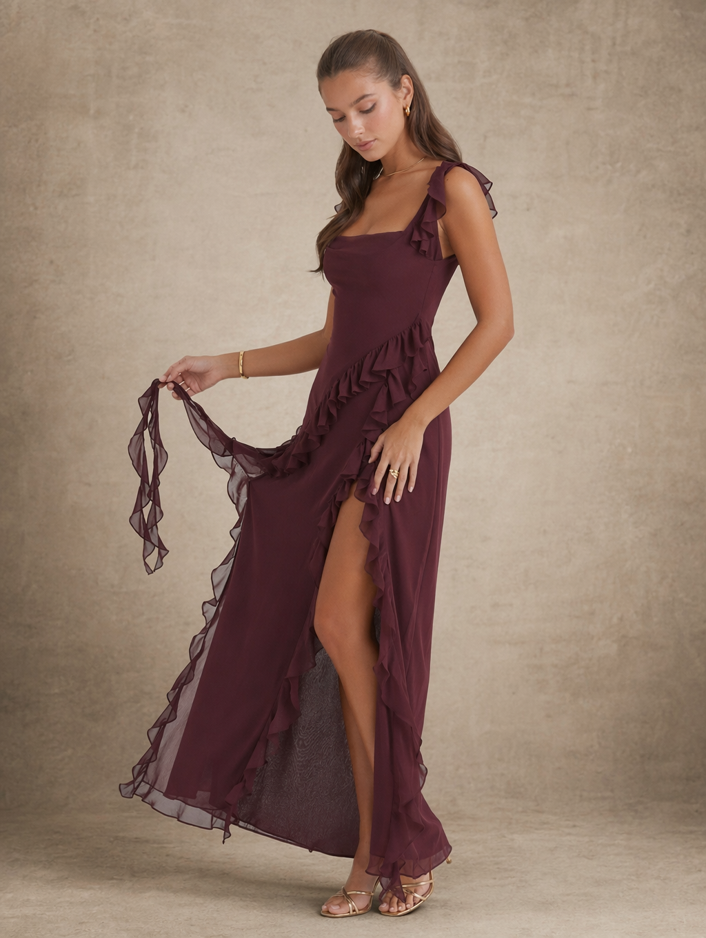 Ruffled High-Slit Maxi Dress