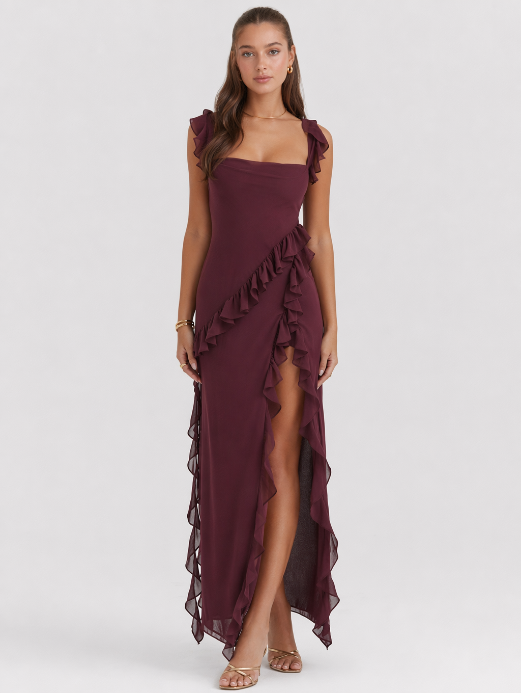 Ruffled High-Slit Maxi Dress