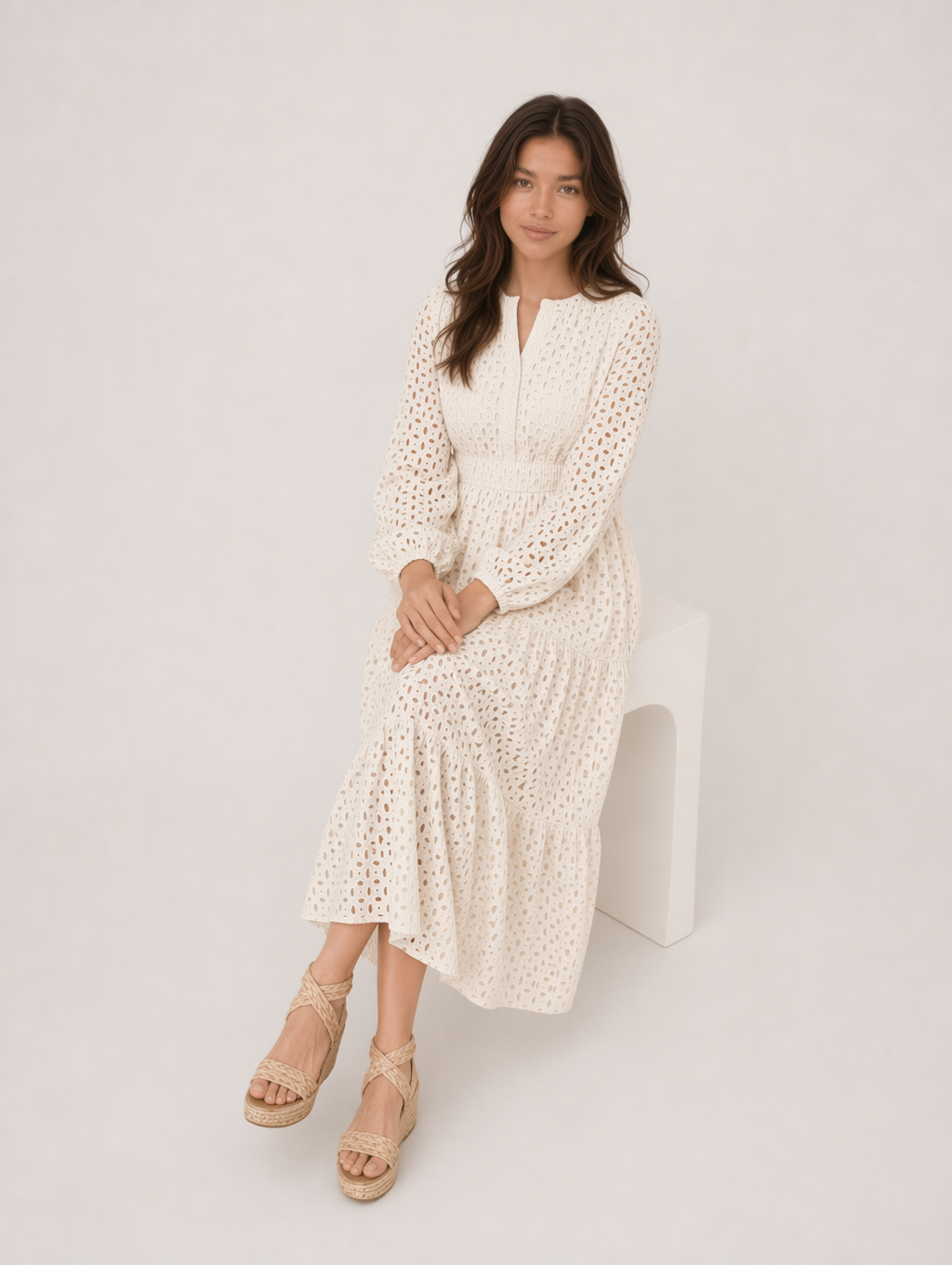 V Neck Hollow Long Sleeve Maxi Dress