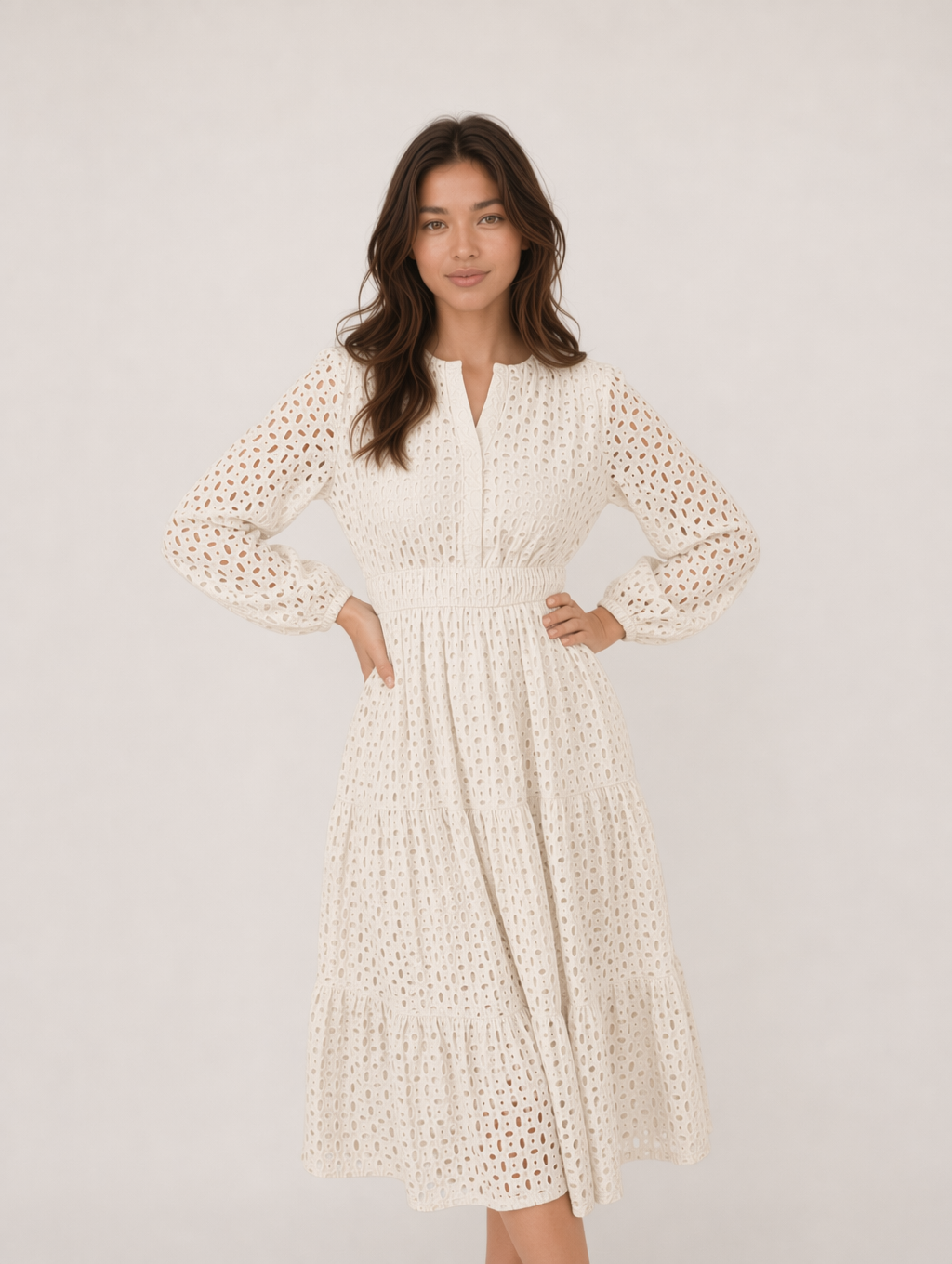 V Neck Hollow Long Sleeve Maxi Dress