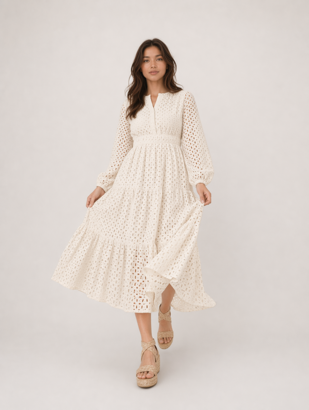 V Neck Hollow Long Sleeve Maxi Dress