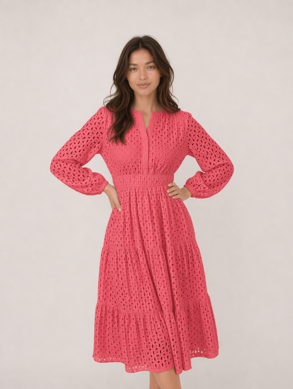 V Neck Hollow Long Sleeve Midi Dress