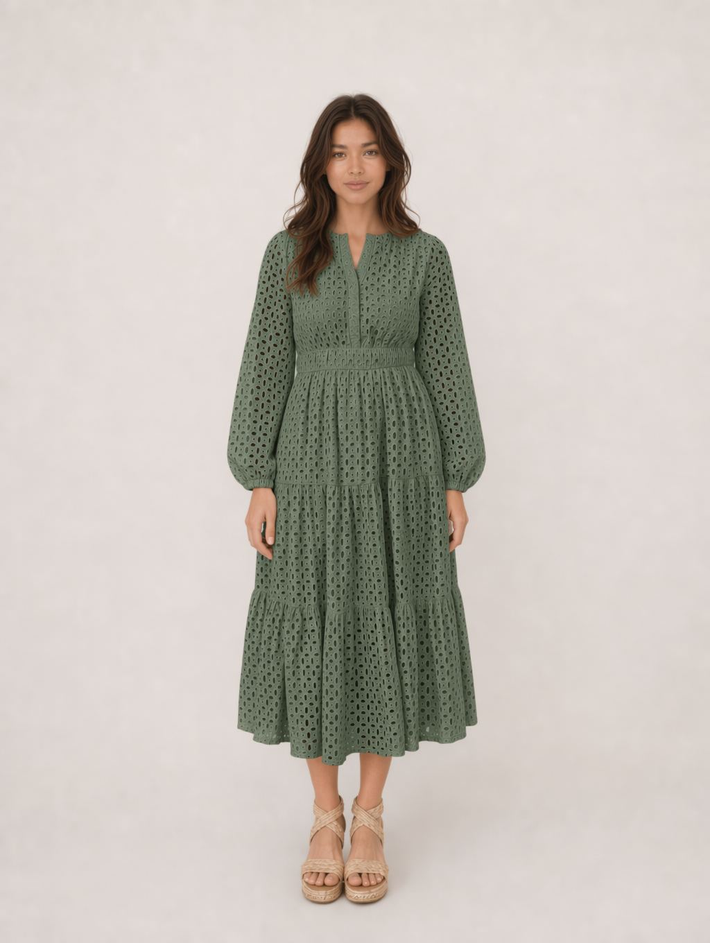 V Neck Hollow Long Sleeve Midi Dress