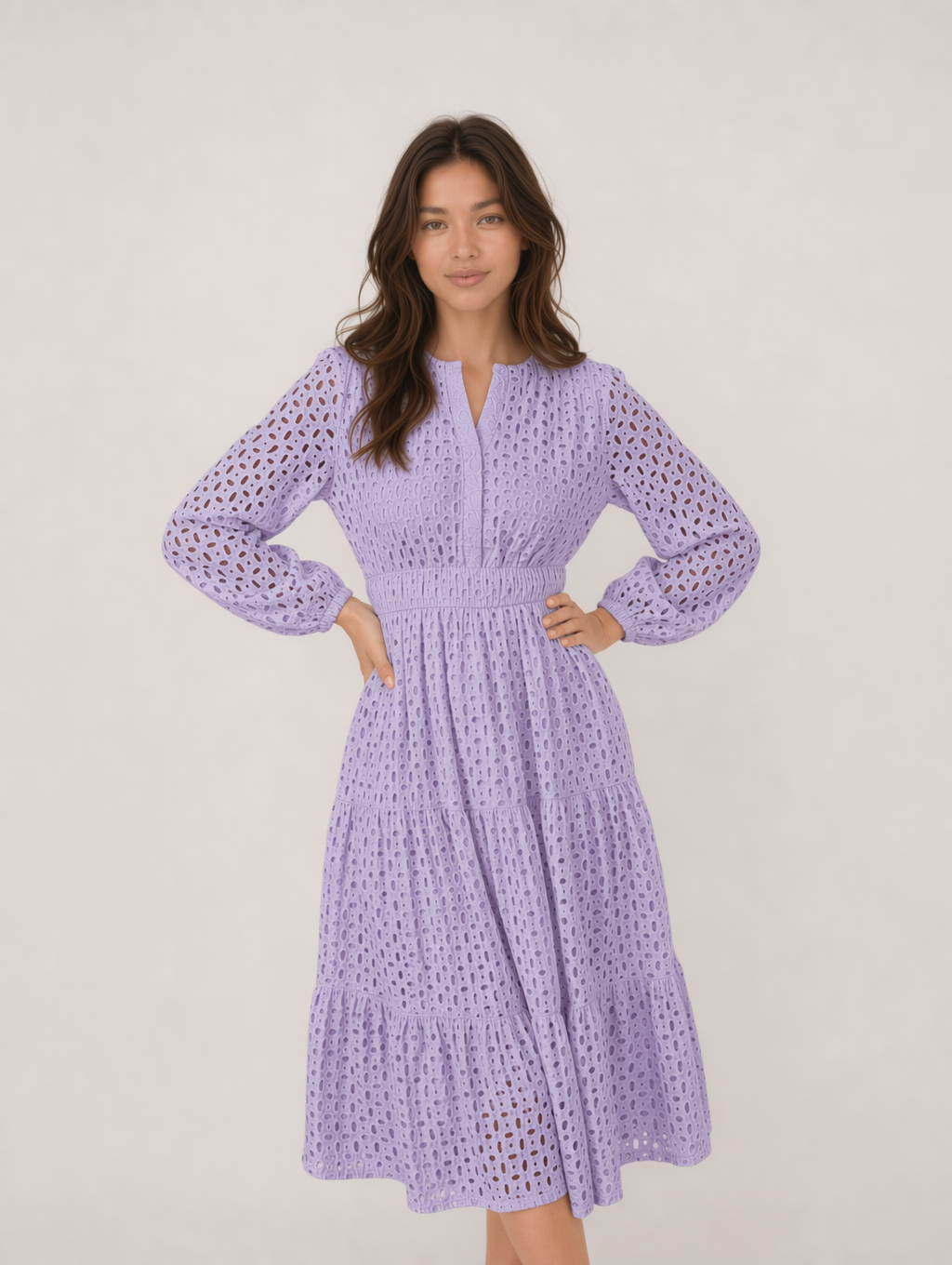 V Neck Hollow Long Sleeve Midi Dress